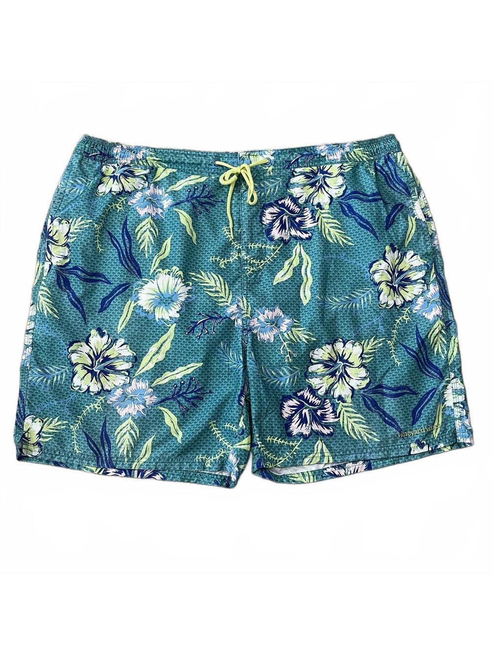 Vineyard Vines Green Blue Floral Hibiscus Printed Swim Trunks Size 2XL XXL